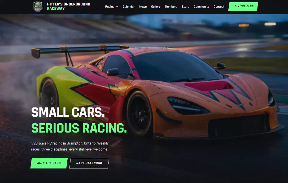 The Hitter's Underground Raceway homepage, a dark cinematic hero with a scale RC car