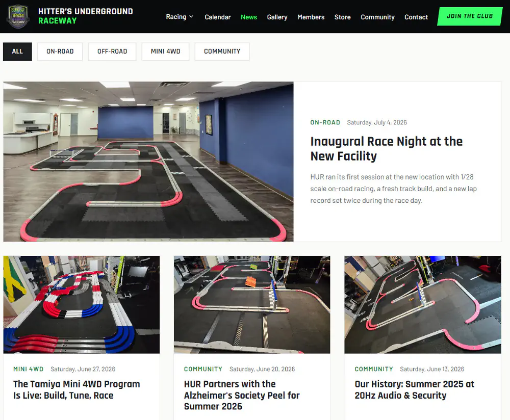 The news page with a featured article and a grid of race recaps